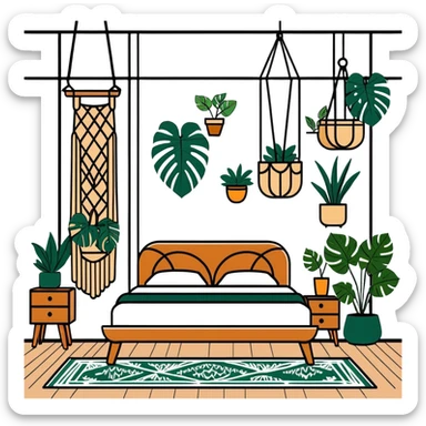 modern bohemian bedroom with monstera plants, hanging planters, macrame wall art, and wooden furniture sticker