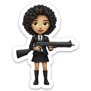 Brunette Girl with long curly hair in black suit with gun sticker