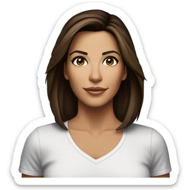 3/4 face, contrasted, shadow, light, Eva Longoria expression, standing from a distance, thin nose, brunette woman, hazel eyes, long eyelashes, dark shoulder shaded hair, white t-shirt, jeans, white sneakers sticker