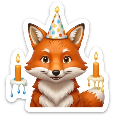 A fox wearing a birthday hat, joyfully blowing candles, portrait, bust up sticker