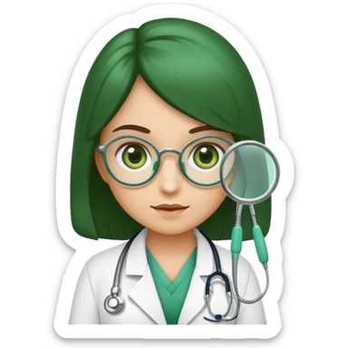 Crie um emoji de uma menina médica com olhos verdes e cabelo castanho comprido e óculos  sticker