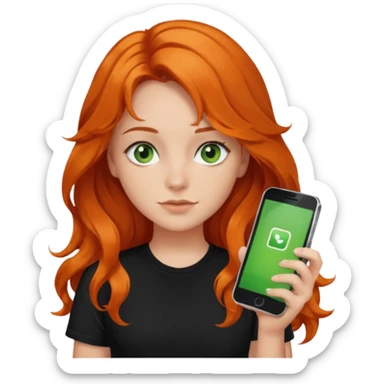 Girl with dark long orange wavy hair, green eyes, and black t-shirt and phone with app on hand sticker