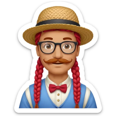 venice gondolier with long red braided hair, iconic hat, normal glassess and red mustache sticker