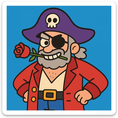 Make the pirate's beard shorter and change his hair to grey. Keep the playful cartoon style with a left eye patch and a rose in the mouth. sticker