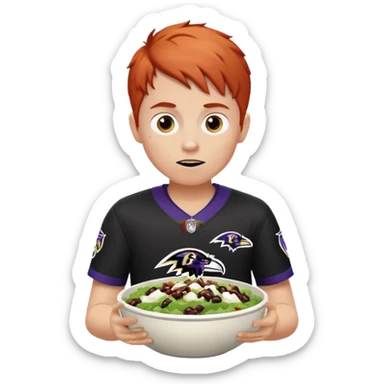a red-haired boy wearing a ravens jersey and eating a chipotle burrito bowl sticker
