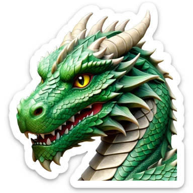 Cinematic Noble Giant Green scaled Dragon Portrait Emoji, Poised and awe-inspiring, with a massive, rugged form carved from ancient stone, featuring intricately textured scales that resemble weathered granite and basalt, and piercing, stony eyes echoing the strength of timeless mountains; rendered with lifelike detail and earthy natural highlights, high shine, formidable and grounded, styled with an aura of primordial majesty, focused and resolute, soft glowing outline, capturing the essence of an enduring rock titan ready to surge from the screen with ageless power! sticker