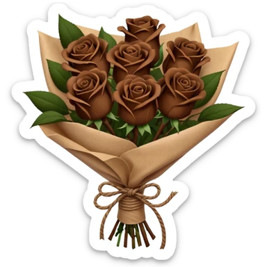 Bouquet of dark brown roses in a paper package sticker