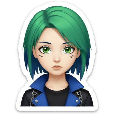 woman with white skin and green eyes, her hair is shoulder length black with navy blue hime cut layers, wearing green and blue y2k and punk themed clothes  sticker