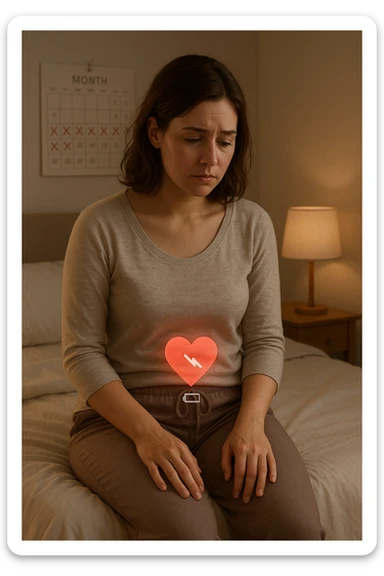 3D realistic medical illustration: a young woman in her 20s or 30s sits on the edge of a bed in a softly lit bedroom, looking thoughtful and slightly concerned. She wears comfortable loungewear, her posture is slouched, and her expression is subdued. Subtle visual cues—such as a faded calendar with missed menstrual cycles and a dimmed heart or energy icon near her abdomen—symbolize low libido and amenorrhea. The scene is realistic, intimate, and empathetic. sticker