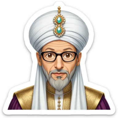 Jeff Goldblum no glasses as a regal portrait dressed as suleiman-the-magnificent,-depicted-as-a-regal-ottoman-sultan-adorned-with-a-large,-white,-round,-tall-turban-and-a-majestic-grey-beard,-his-commanding-gaze-bathed-in-warm,-historic-lighting-that-exudes-timel sticker