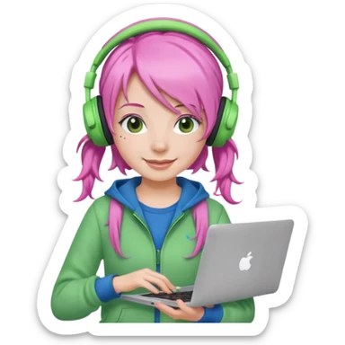 Create an emoji of a woman with pink hair tied into two pigtails. She is a game streamer, wearing green headphones, holding a MacBook, and dressed in a blue outfit. sticker