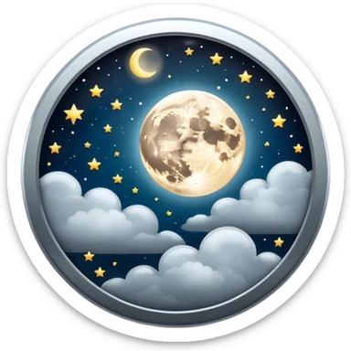 A round galactic button with a full moon, stars, and clouds in the center sticker