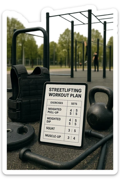 a detailed workout plan for streetlifting displayed on a clipboard or digital tablet, surrounded by gym equipment like weighted vests, dip bars, pull-up bars, and kettlebells. The plan includes exercises such as weighted pull-ups, weighted dips, squats, and muscle-ups, with sets and reps clearly visible. The background is a modern outdoor calisthenics park, with athletes training in the distance. sticker