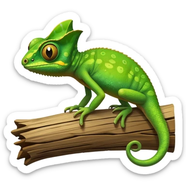 A small green chameleon, with large, expressive eyes, perched on a branch. sticker