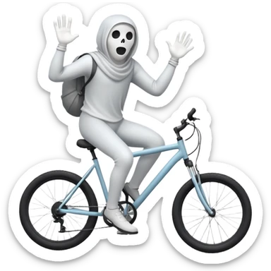 Ghost on bike, 3d pictogram, full body, male, arms covered by cloth and invisible, holding handlebars, left hand also holding handlebars, riding mountain bike, straddling bike, mountains in background removed, Disney style sticker