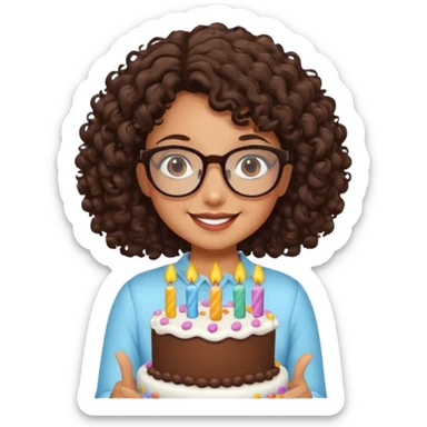 Tanned girl with dark brown curly hair wearing glasses with a cute birthday cake  sticker