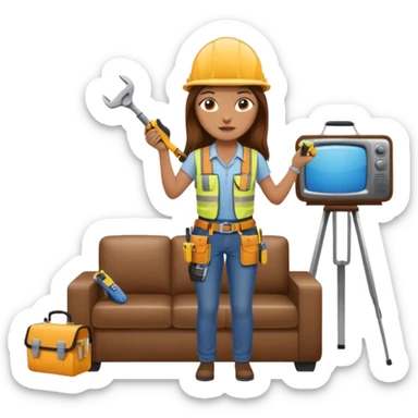 beautiful girl with long brown hair constructing new lounge room area with tv and couch sticker