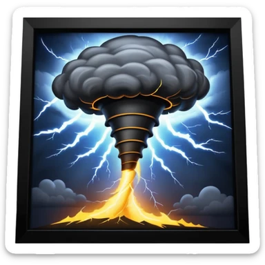 A Discord emoji of a dark, stylized tornado with lightning bolts inside a black circular frame. High contrast, aggressive lines, white background. sticker