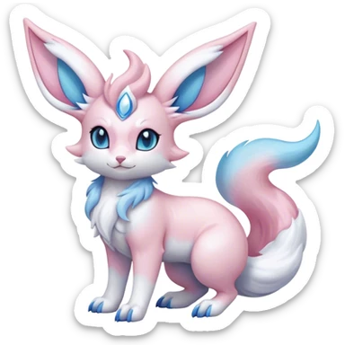 Feral Rare Fantasy cute realistic adorable pastel pink light-blue white iridescent Sylveon-Vernid-Sergal-hybrid by LiLaiRa, markings, tufted ears, full body sticker