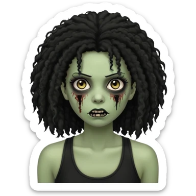 a female zombie with sage green skin, black long afro hair, eyelashes and a black tank top sticker
