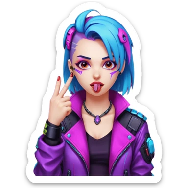 Woman with her tongue out in cyberpunk clothing and giving the middle finger. Looking naughty. sticker