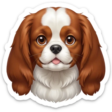 Cinematic Cute Blenheim Cavalier King Charles Spaniel Portrait Emoji, Head tilted playfully and inquisitively, silky Blenheim coat with warm chestnut and crisp white patches, round, sparkling brown eyes filled with curiosity, Simplified yet irresistibly adorable features, highly detailed, glowing with a warm, friendly glow, high shine, affectionate and lively, stylized with a touch of whimsy, bright and endearing, soft glowing outline, capturing the essence of a mischievous yet loving pup, so playful it feels like it could pounce out of the screen and into your arms! sticker