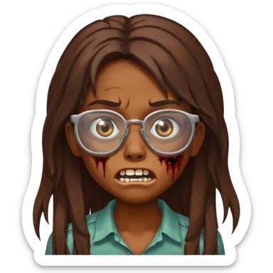Girl zombie with brown long hair with teeth and serious face IOS style with glasses sticker