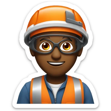 Young man with safety orange helmet, glases and earplugs sticker