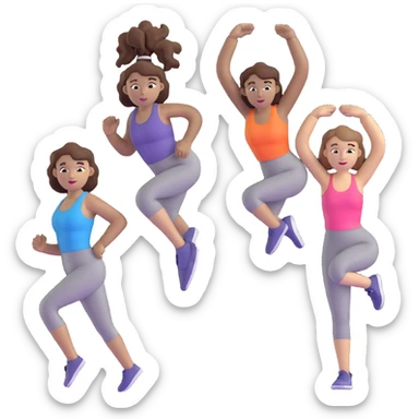 three women friends exercising together, one black woman with curly brown hair, one pale white woman with curly brown hair, and one white woman with straight brown hair in a ponytail sticker