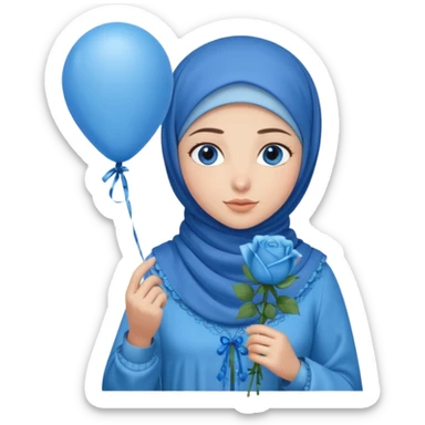 Turkish beautiful finish Konya girl blue eyes with blue hijab islamic dress and had on her hand blue Rose baloons  sticker