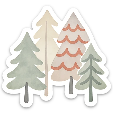 logo style illustration of evergreen trees in Slavic folk art style, neutral color tones, watercolor texture sticker
