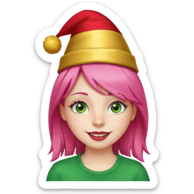 Create a girl with pink hair and green eyes with long eyelashes and a smiley face. She has freckles in her face and a lit of bit of lipstick on her mouth, she’s also got gold birthday hat on her head with gold pom poms on top of it, and her T-shirt is red sticker