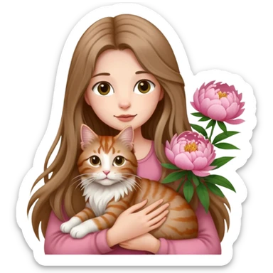 A long haired girl holding a long haired tabby in peony sticker