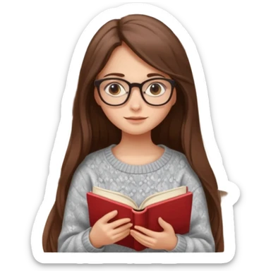 clean beautiful girl long brown hair, wear glasses, reading a book sticker