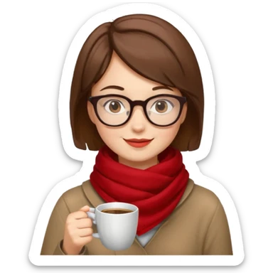 a girl with brown short hair, having red scarf, wearing glasses, drink coffee, enjoy sticker