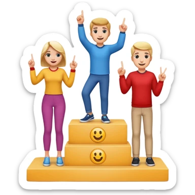 three casually dressed people on a winners’ podium with no numbers, each on their step, center person holds up one finger on each hand, fun expressive cheerful emoji style sticker