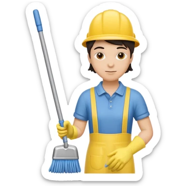 Custodian with yellow rubber gloves, mop sticker