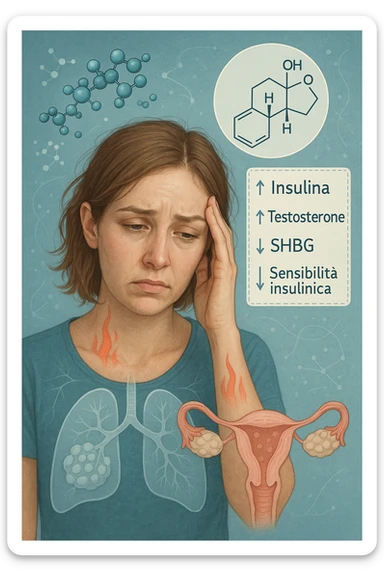 Donna tra i 25 e i 35 anni in primo piano, con espressione affaticata. Intorno al suo corpo appaiono in modo stilizzato e simbolico squilibri ormonali: molecole di insulina in eccesso fluttuano attorno, androgeni (testosterone) evidenziati sopra la testa, segnali visivi di infiammazione cronica lieve. Sopra le ovaie (visibili in trasparenza) compaiono piccole cisti multiple. Accanto a lei, un diagramma stilizzato mostra: '↑ Insulina', '↑ Testosterone', '↓ SHBG', '↓ Sensibilità insulinica'. L’atmosfera è scientifica, educativa ma empatica. Stile realistico con elementi infografici fluttuanti e colori freddi ma puliti. in italiano sticker