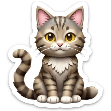 cinematic-[grey brown tabby cat]-realistic-full-body-sitting-emoji,-tail-curled-playfully-around-its-paws,-head-tilted-dramatically,-scruffy-[grey]-fur,-simplified-yet-realistic-focused-features,-highly-detailed,-glowing-with-an-almost-sarcastic-glow sticker