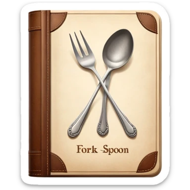 Cookbook with crossed fork and spoon emblem on its cover, recipe collection sticker