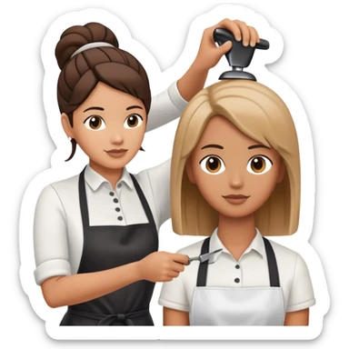 hair stylist wearing apron teaching student using mannequin head sticker