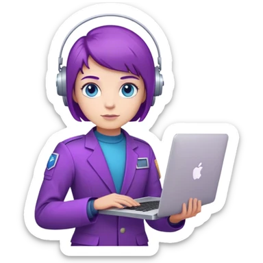 white astronaut with purple suit, blue eyes, short purple hair and one macbook sticker