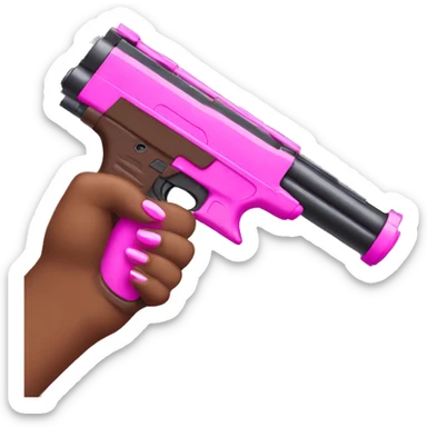 brown hand with pink nails holding large scary dark nerf gun sticker