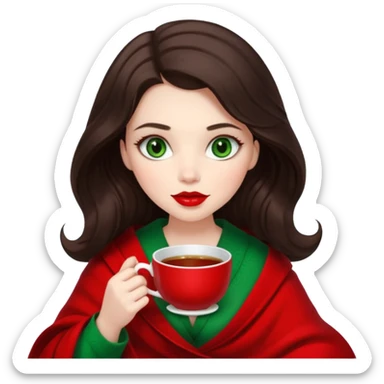 Long wavy dark brown haired, white skinned, dark big green eyed girl with red lipstick wrapped in a red blanket, sipping tea and reading a book sticker