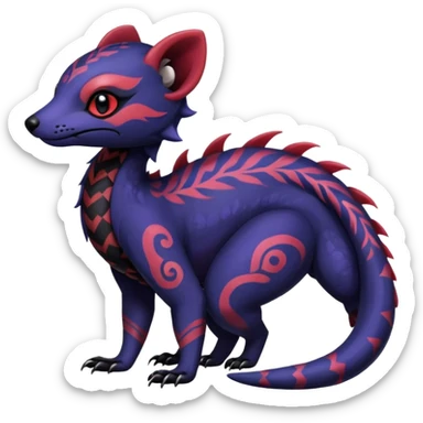Rare warm-colored exotic gloomy tropical edgy cute epic aesthetic spooky indigo violet white black red gothic colorful Salandit-Salazzle-Civet-species-Fakemon-hybrid-creature, with tribal tattoo markings, full body sticker