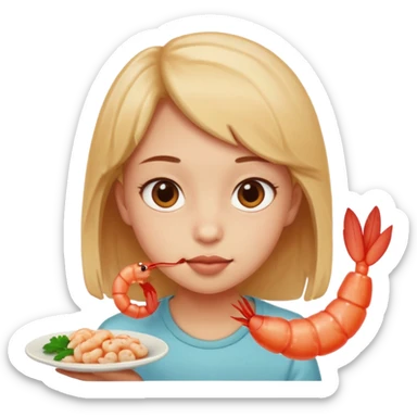 Emoji-style person tasting a weird-looking shrimp, curious expression, cute rounded face, soft shading sticker