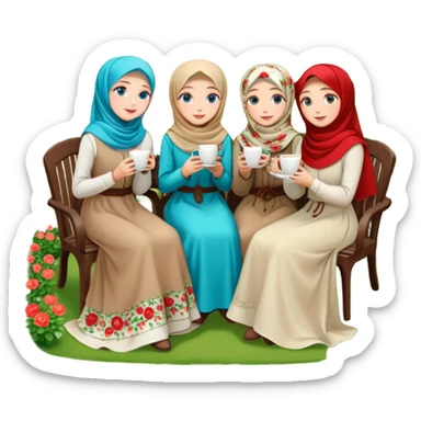 Turkish beautiful finish Konya girls blue eyes with Beautiful beige red green floral hijab long tail dress and this two friends sit in a lovely garden on the chair on the ground and holds cup coffe with her hand  sticker