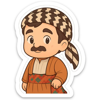 Create a chibi Kurdish cartoon sticker based on the reference image, showing a neutral (calm) expression, with a transparent background. sticker