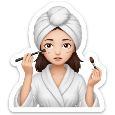 Girl with brown hair in white dressing gown and white towel wrapped in her head doing her makeup. Eyes closed white dark hair and towel wrapped differently doing mascara sticker