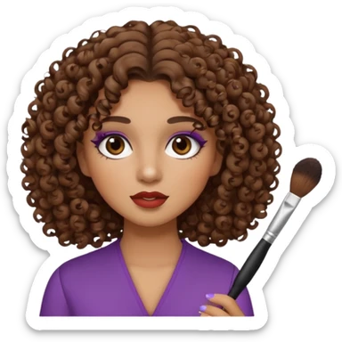 A girl with curly brown hair, medium skin tone and dark brown eyes, doing her makeup  sticker